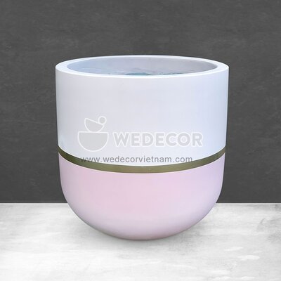 Chậu thân trụ bo tròn đáy sơn kiểu | Màu trắng hồng viền vàng đồng 50x50 cm