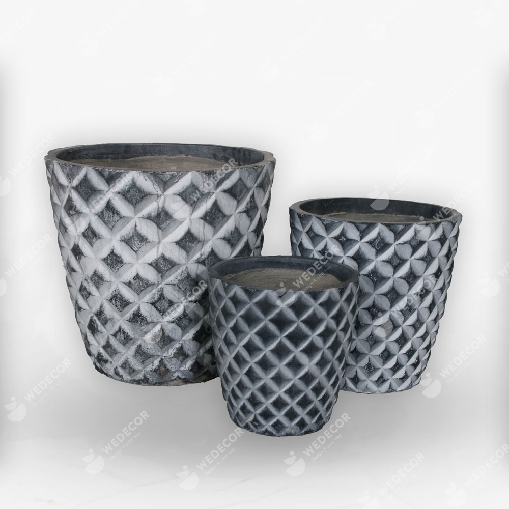 Bộ 3 chậu xi măng hình nón cụt họa tiết caro | Wax xanh đá